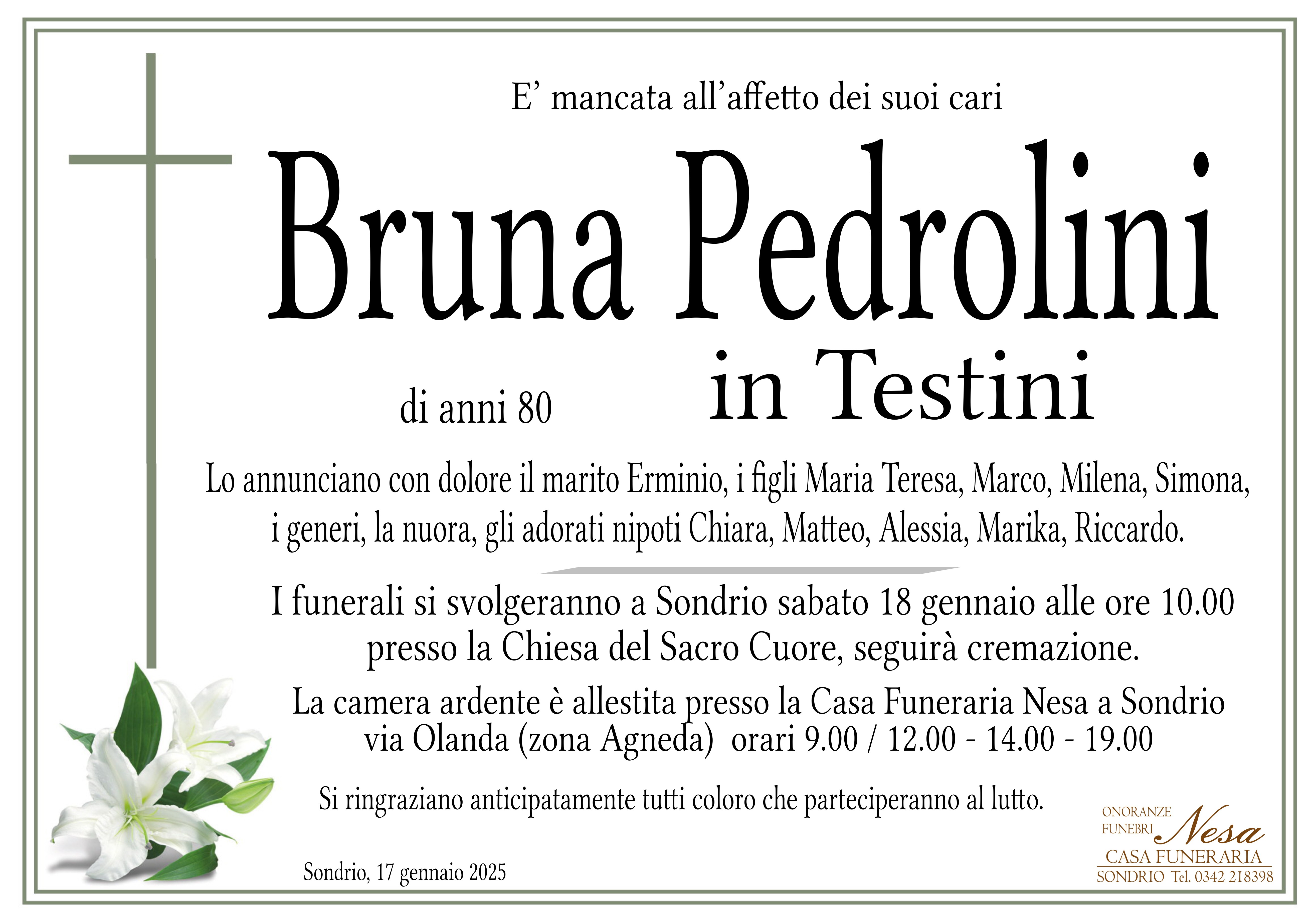 Necrologio BRUNA PEDROLINI in TESTINI